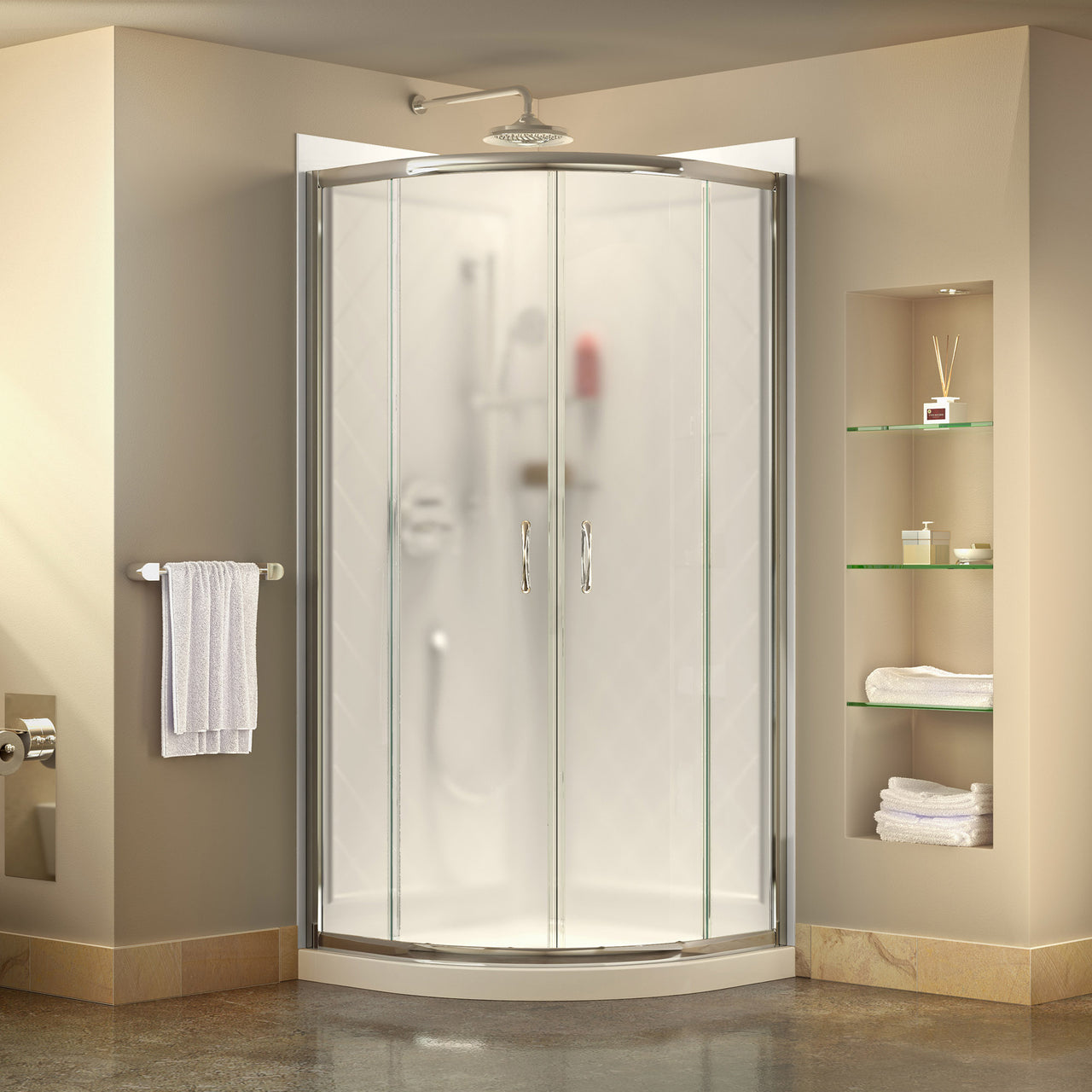 DreamLine Prime 38 in. x 38 in. x 76 3/4 in. H Sliding Shower Enclosure, Shower Base and QWALL-4 Acrylic Backwall Kit, Frosted Glass - BNGBath