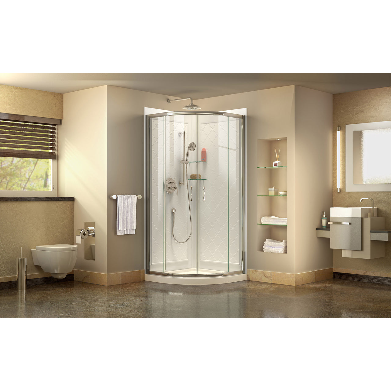 DreamLine Prime 33 in. x 33 in. x 76 3/4 in. H Sliding Shower Enclosure, Shower Base and QWALL-4 Acrylic Backwall Kit, Clear Glass - BNGBath