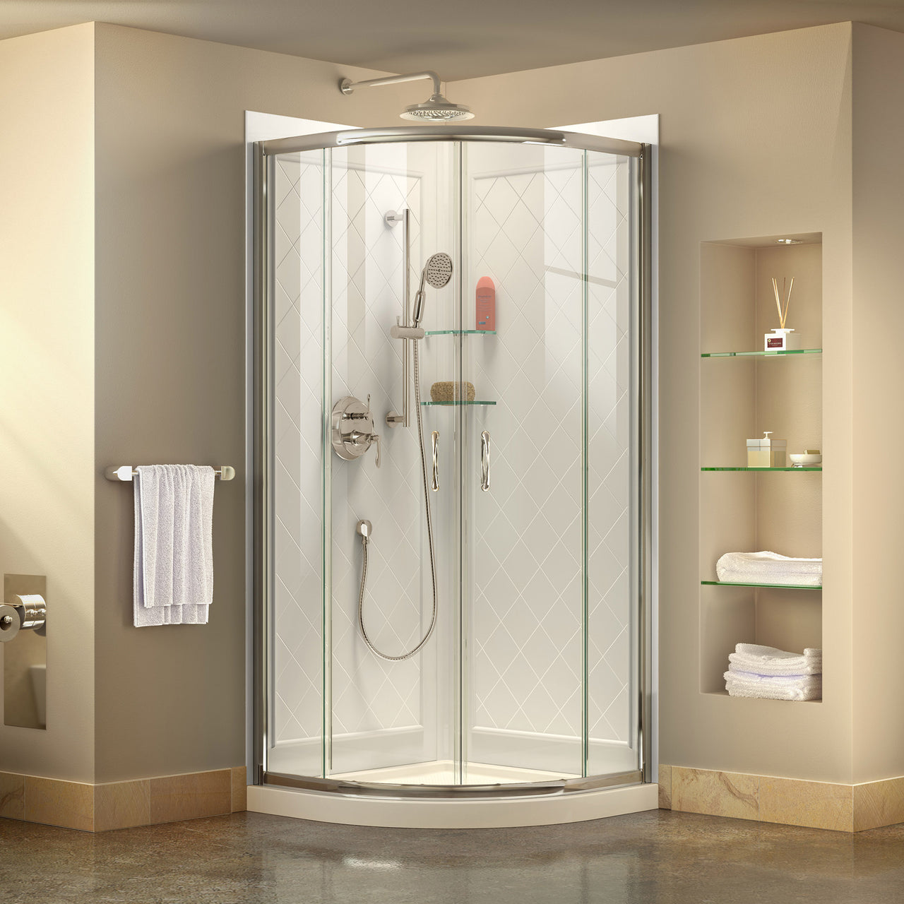 DreamLine Prime 36 in. x 36 in. x 76 3/4 in. H Sliding Shower Enclosure, Shower Base and QWALL-4 Acrylic Backwall Kit, Clear Glass - BNGBath