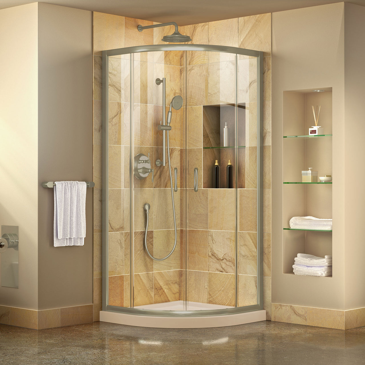 DreamLine Prime 38 in. x 38 in. x 74 3/4 in. Corner Sliding Shower Enclosure and SlimLine Shower Base Kit, Clear Glass - BNGBath