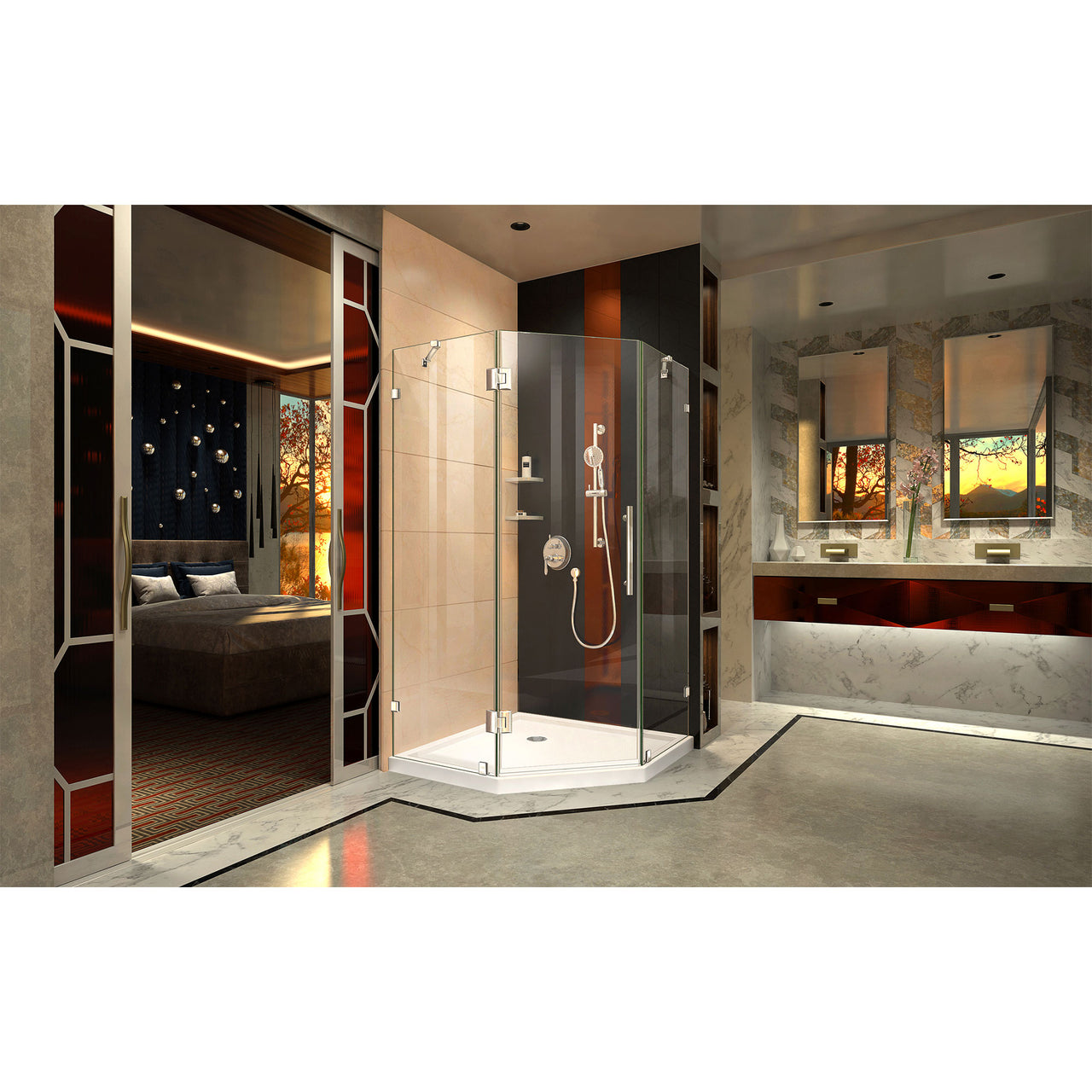DreamLine Prism Lux 38 in. x 38 in. x 74 3/4 in. H Frameless Hinged Shower Enclosure and SlimLine Shower Base Kit - BNGBath
