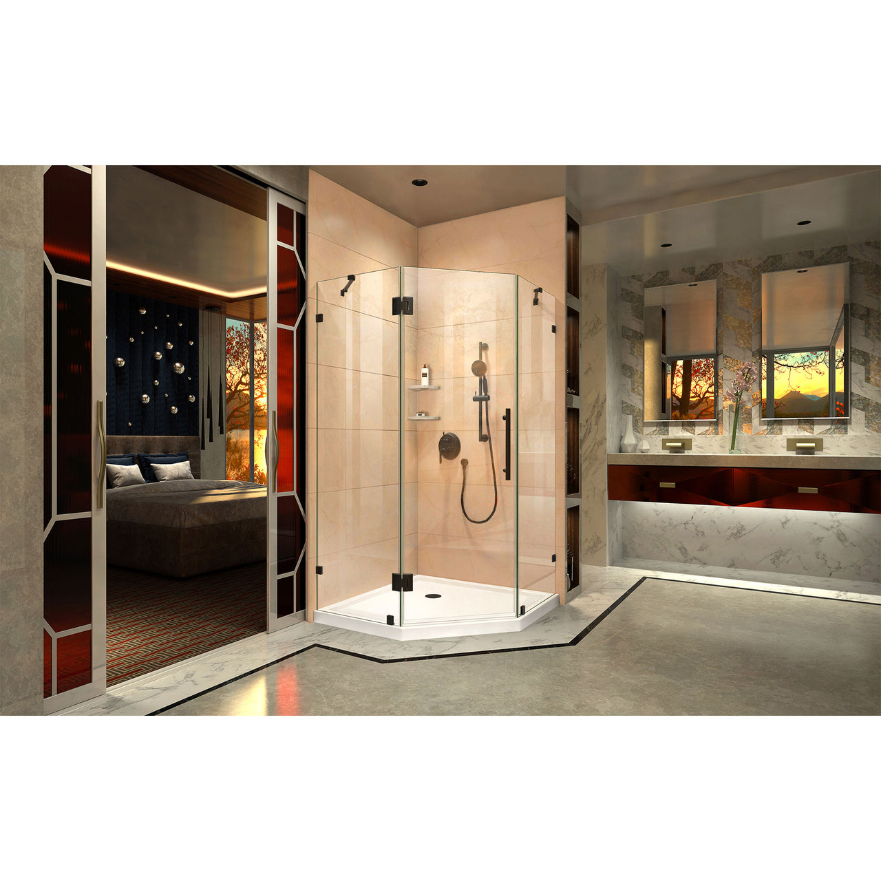 DreamLine Prism Lux 42 in. x 42 in. x 74 3/4 in. H Frameless Hinged Shower Enclosure and SlimLine Shower Base Kit - BNGBath