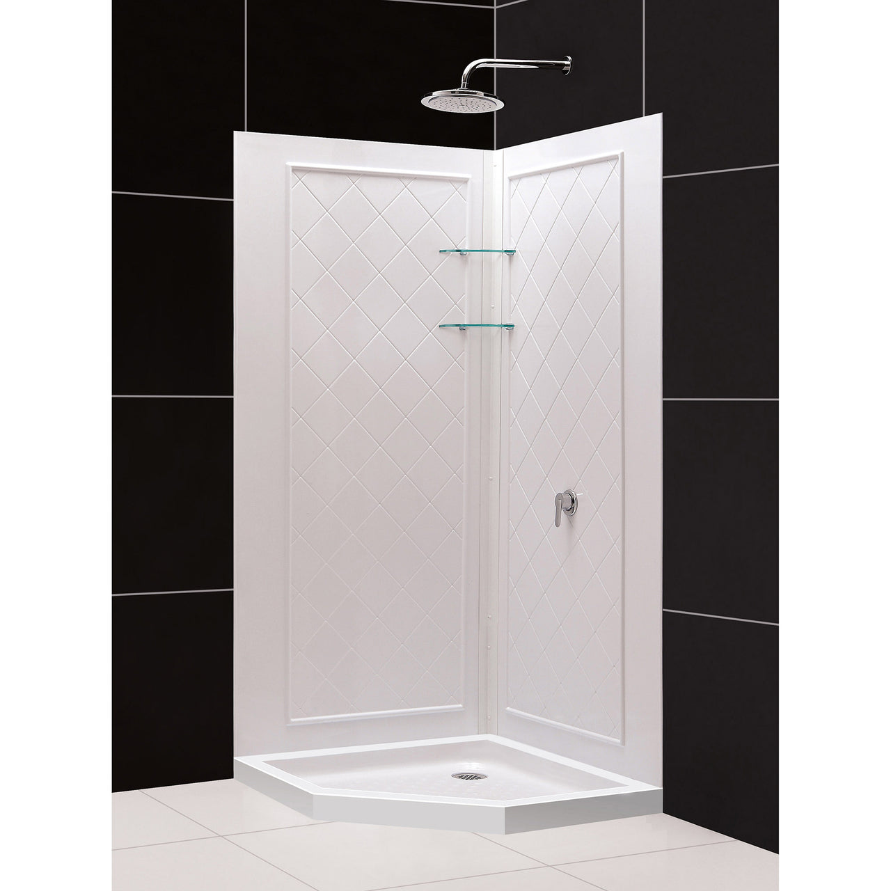 DreamLine 38 in. x 38 in. x 76 3/4 in. H SlimLine Neo-Angle Shower Base and QWALL-4 Acrylic Backwall Kit - BNGBath