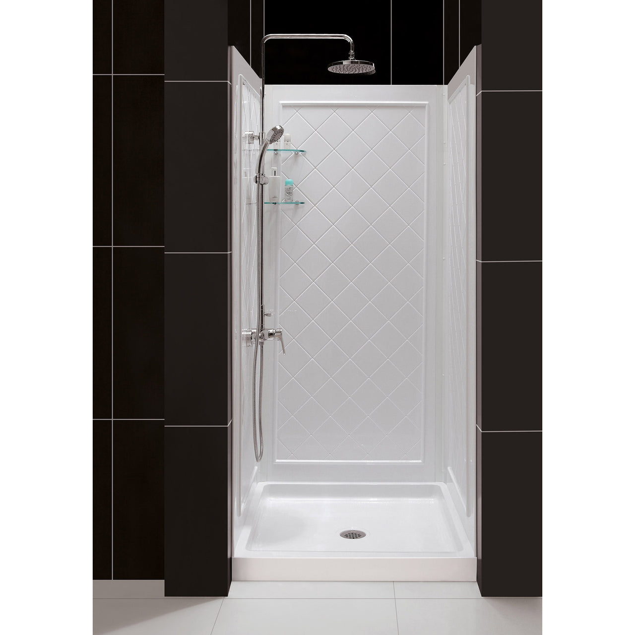 DreamLine 32 in. D x 32 in. W x 76 3/4 in. H SlimLine Single Threshold Shower Base and QWALL-5 Acrylic Backwall Kit - BNGBath