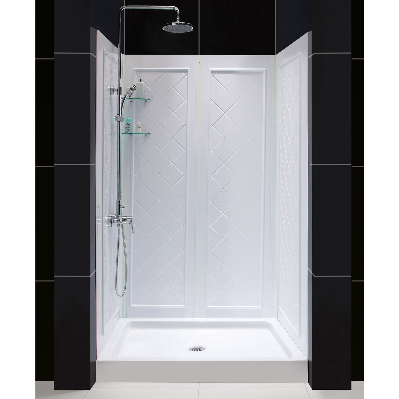 DreamLine 36 in. D x 48 in. W x 76 3/4 in. H SlimLine Single Threshold Shower Base and QWALL-5 Acrylic Backwall Kit - BNGBath