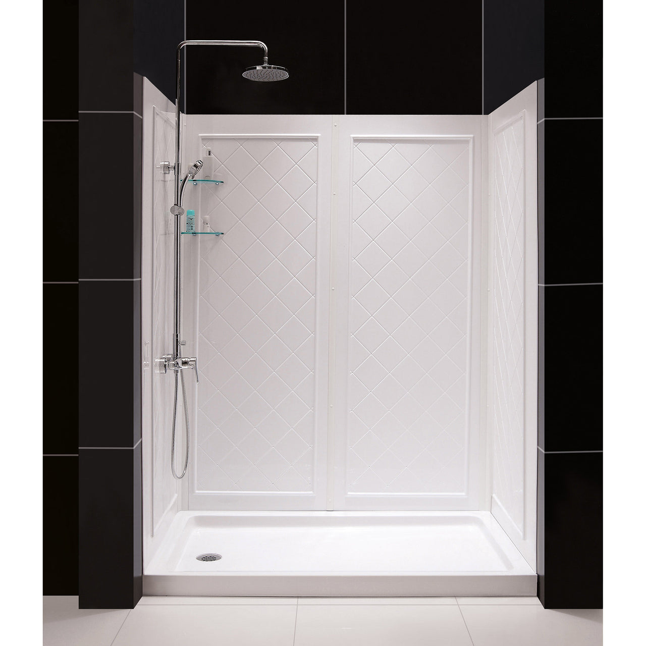 DreamLine Infinity-Z 32 in. D x 60 in. W x 76 3/4 in. H Semi-Frameless Sliding Shower Door, Shower Base and QWALL-5 Backwall Kit, Clear Glass - BNGBath