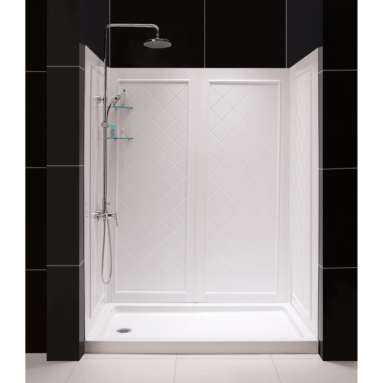DreamLine Infinity-Z 30 in. D x 60 in. W x 76 3/4 in. H Semi-Frameless Sliding Shower Door, Shower Base and QWALL-5 Backwall Kit, Clear Glass - BNGBath
