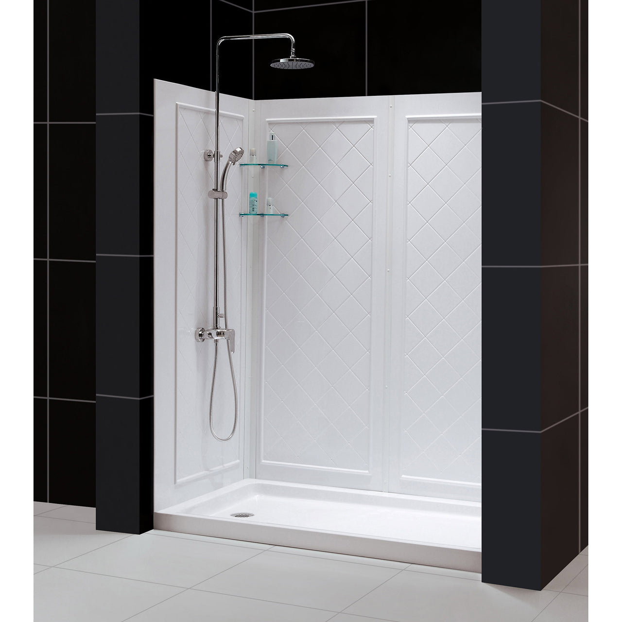 DreamLine Infinity-Z 34 in. D x 60 in. W x 76 3/4 in. H Semi-Frameless Sliding Shower Door, Shower Base and QWALL-5 Backwall Kit, Frosted Glass - BNGBath