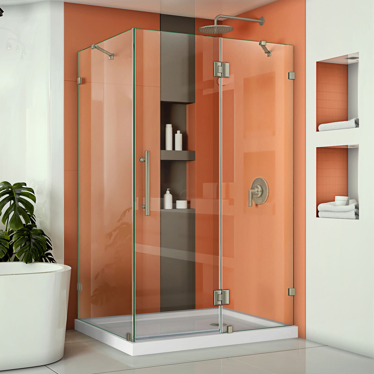 DreamLine Quatra Lux 34 1/4 in. D x 46 3/8 in. W x 72 in. H Frameless Hinged Shower Enclosure with Support Arms - BNGBath