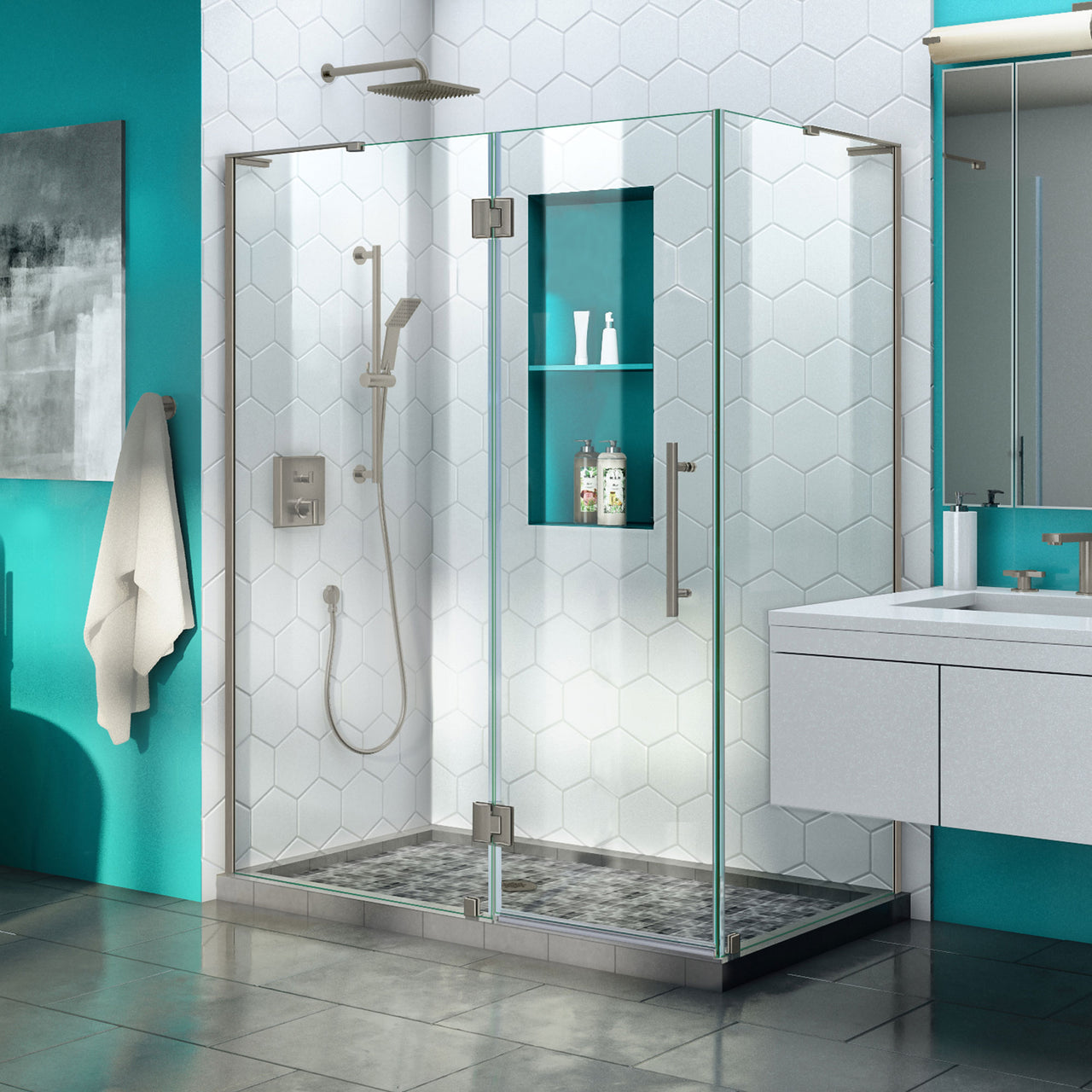DreamLine Quatra Plus 34 in. D x 46 in. W x 72 in. H Frameless Hinged Shower Enclosure - BNGBath