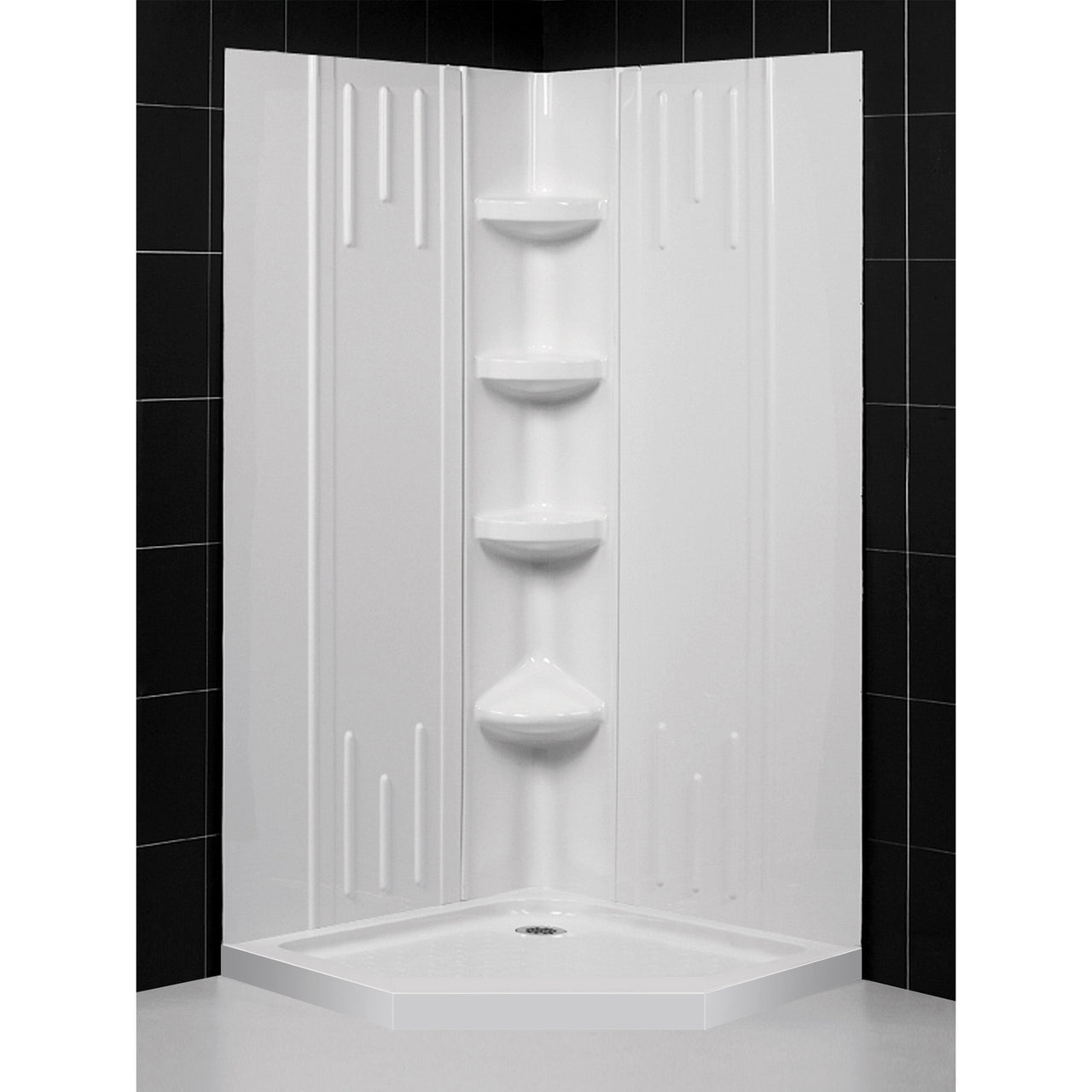 DreamLine 36 in. x 36 in. x 75 5/8 in. H SlimLine Neo-Angle Shower Base and QWALL-2 Acrylic Backwall Kit - BNGBath
