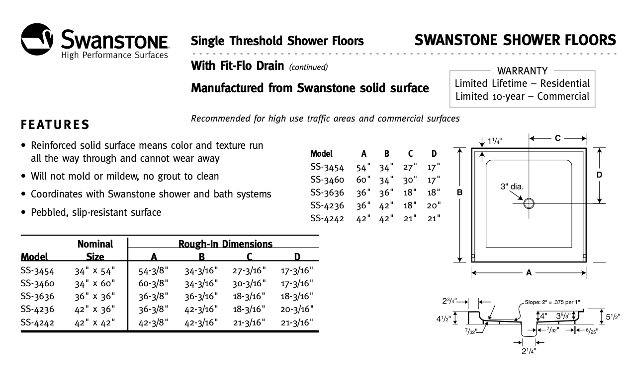 36" x 36" Swanstone Single Threshold Shower Pan - BNGBath