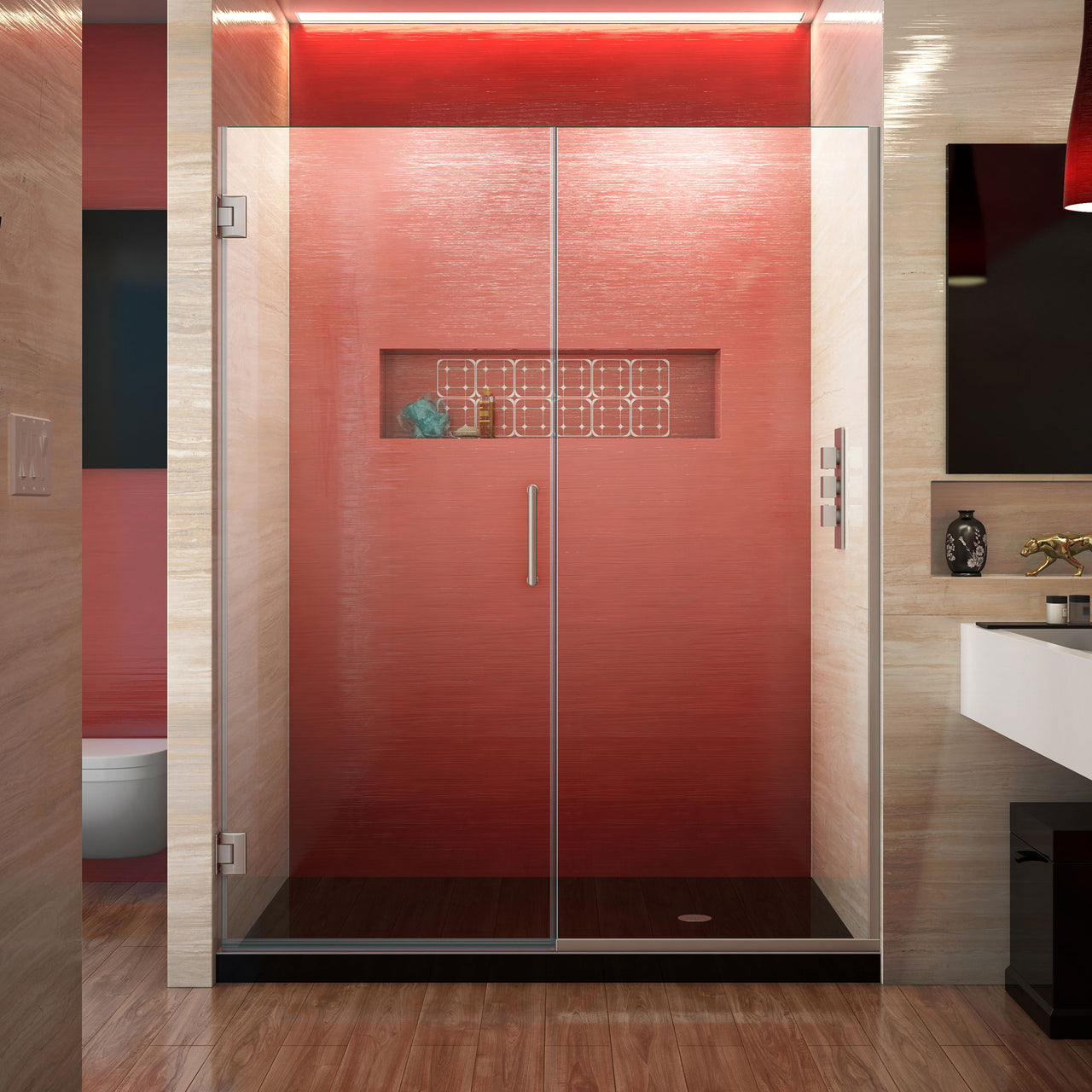 DreamLine Unidoor Plus 54 1/2 - 55 in. W x 72 in. H Frameless Hinged Shower Door, Clear Glass - BNGBath