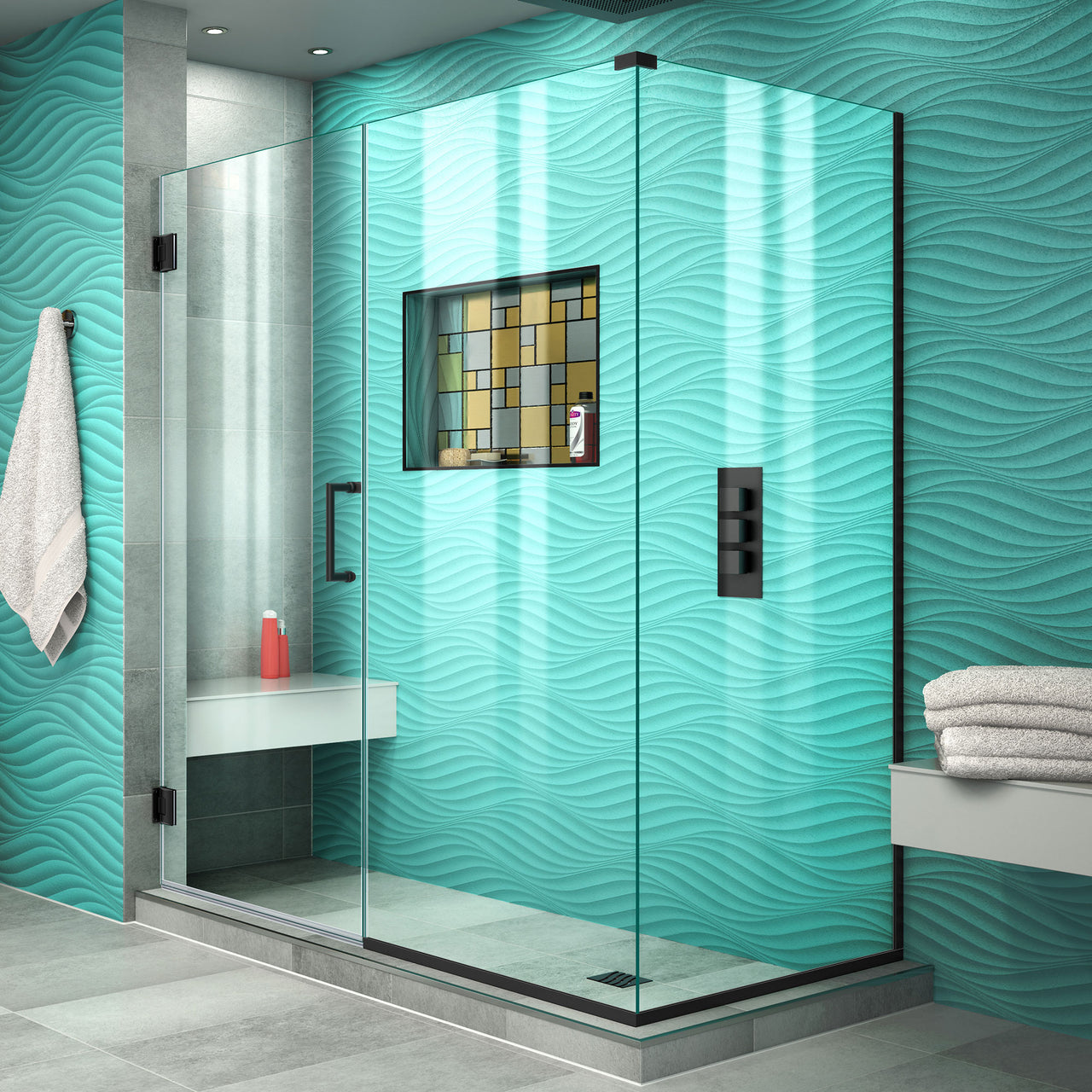 DreamLine Unidoor Plus 56 in. W x 34 3/8 in. D x 72 in. H Frameless Hinged Shower Enclosure, Clear Glass - BNGBath
