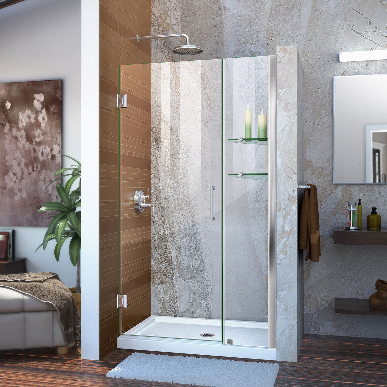 DreamLine Unidoor 42-43 in. W x 72 in. H Frameless Hinged Shower Door with Shelves, Clear Glass - BNGBath