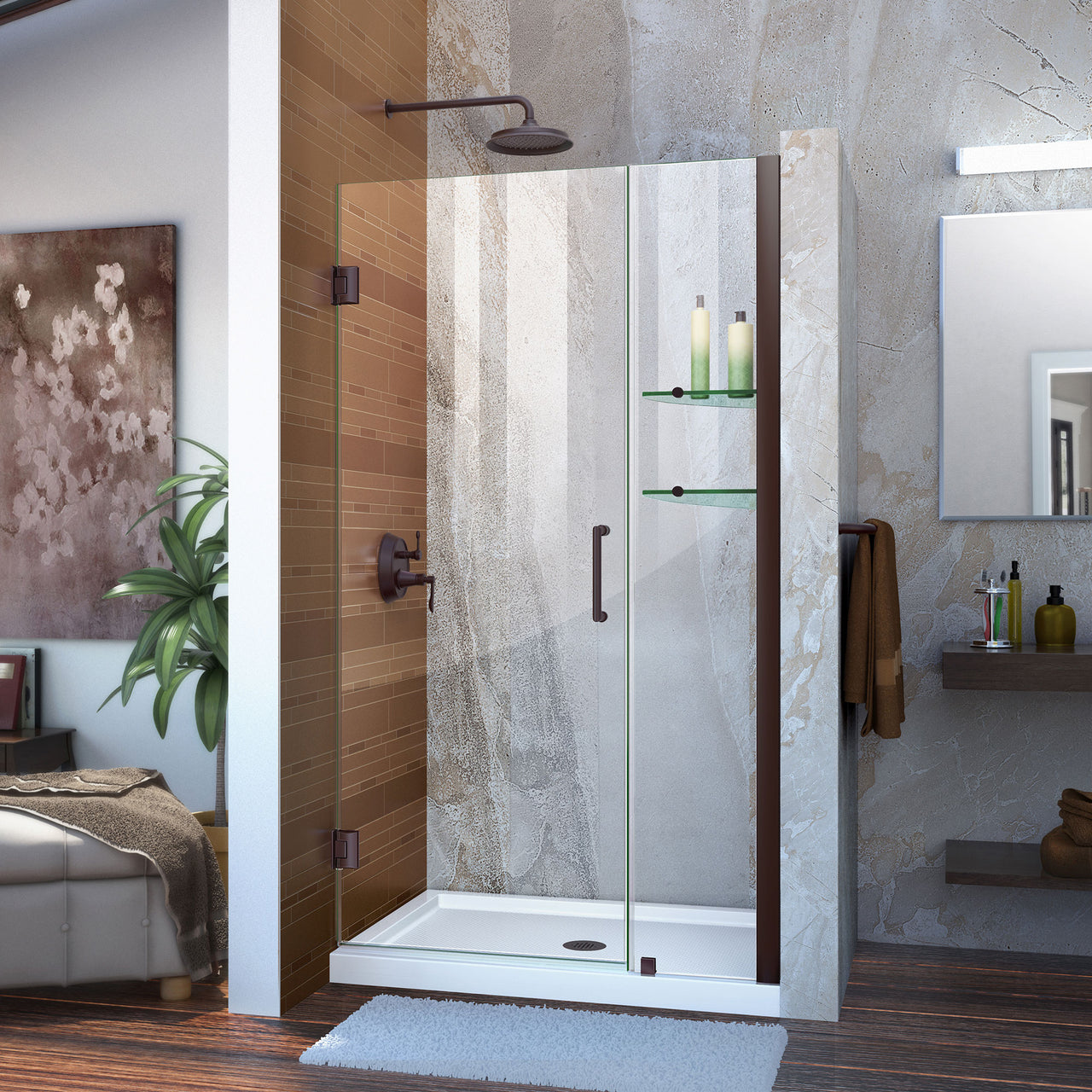 DreamLine Unidoor 40-41 in. W x 72 in. H Frameless Hinged Shower Door with Shelves, Clear Glass - BNGBath