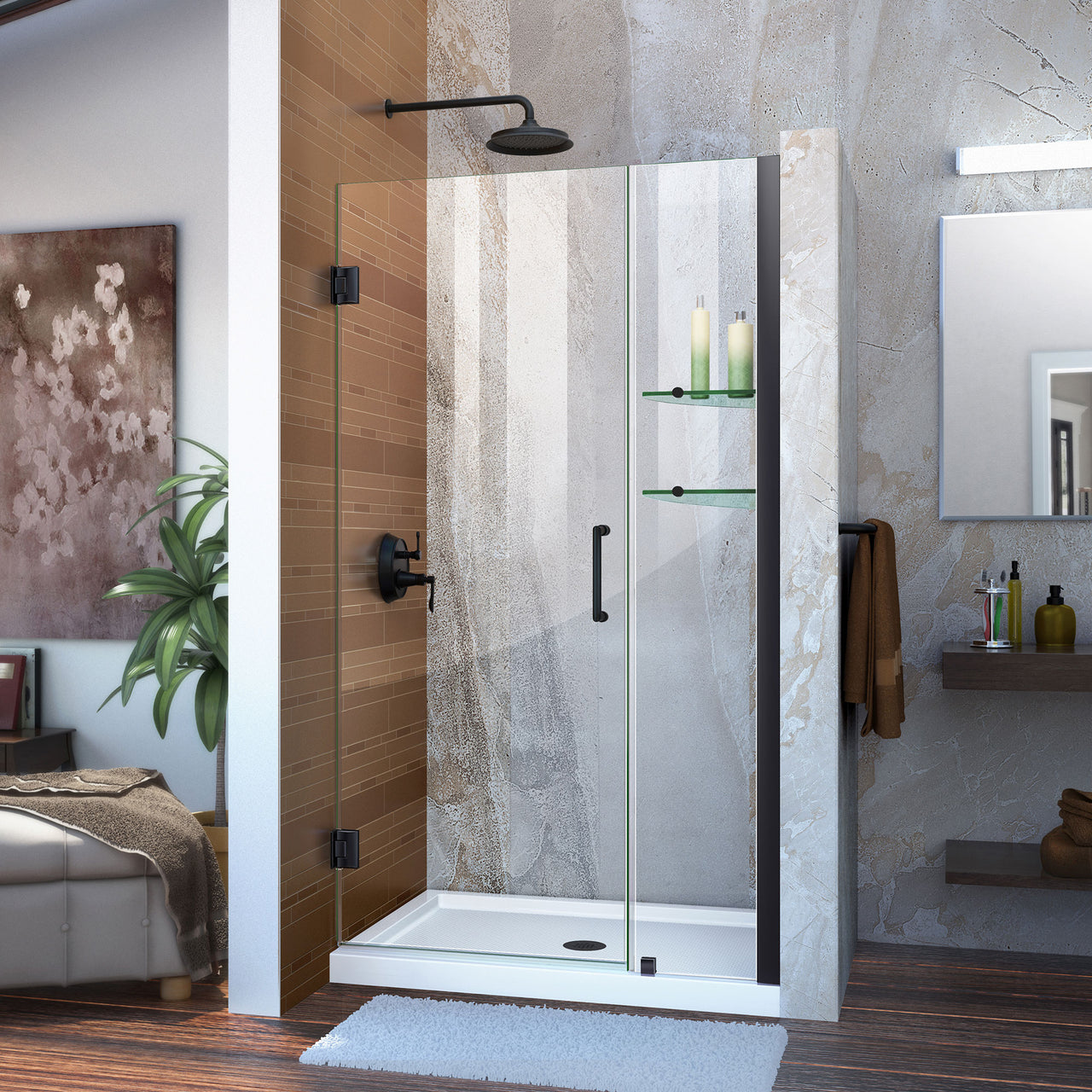 DreamLine Unidoor 37-38 in. W x 72 in. H Frameless Hinged Shower Door with Shelves, Clear Glass - BNGBath