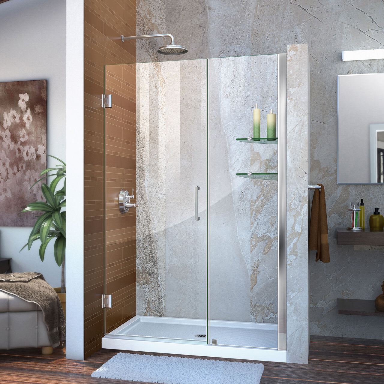 DreamLine Unidoor 44-45 in. W x 72 in. H Frameless Hinged Shower Door with Shelves, Clear Glass - BNGBath