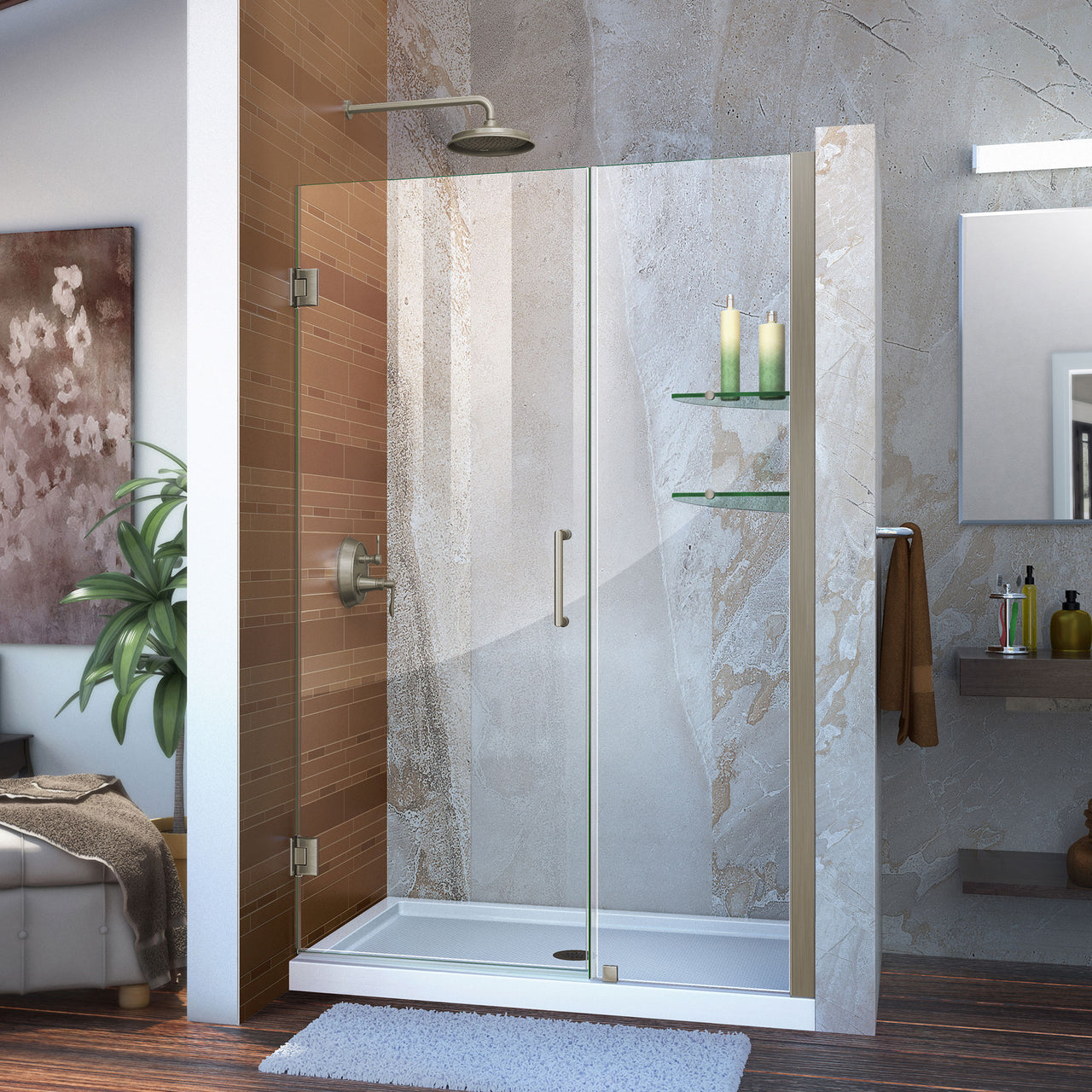 DreamLine Unidoor 44-45 in. W x 72 in. H Frameless Hinged Shower Door with Shelves, Clear Glass - BNGBath
