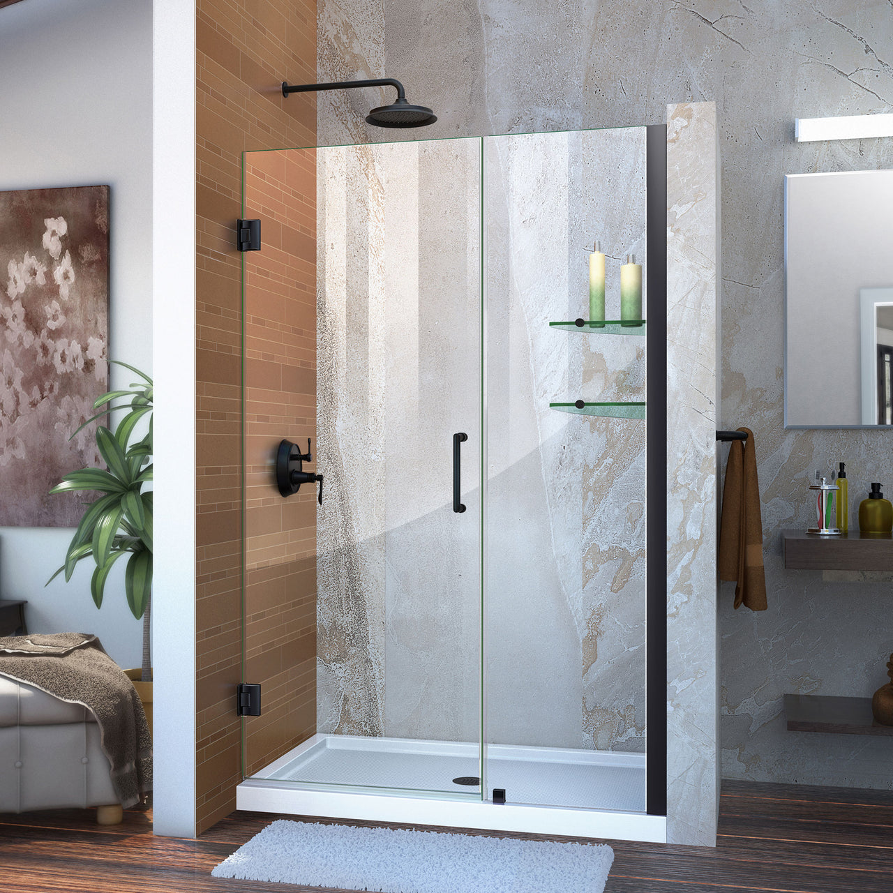 DreamLine Unidoor 43-44 in. W x 72 in. H Frameless Hinged Shower Door with Shelves, Clear Glass - BNGBath