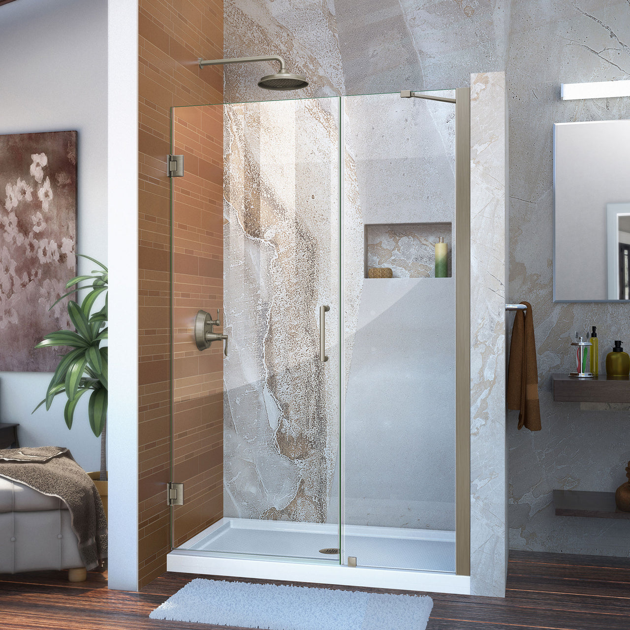 DreamLine Unidoor 45-46 in. W x 72 in. H Frameless Hinged Shower Door with Support Arm, Clear Glass - BNGBath