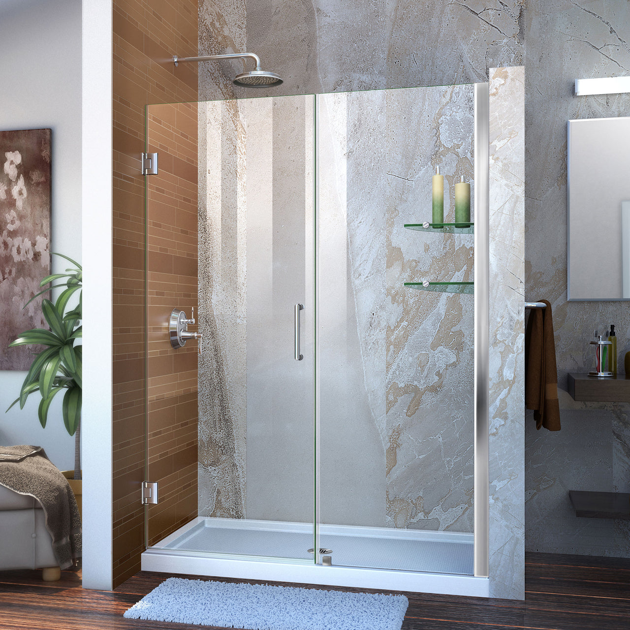 DreamLine Unidoor 48-49 in. W x 72 in. H Frameless Hinged Shower Door with Shelves, Clear Glass - BNGBath