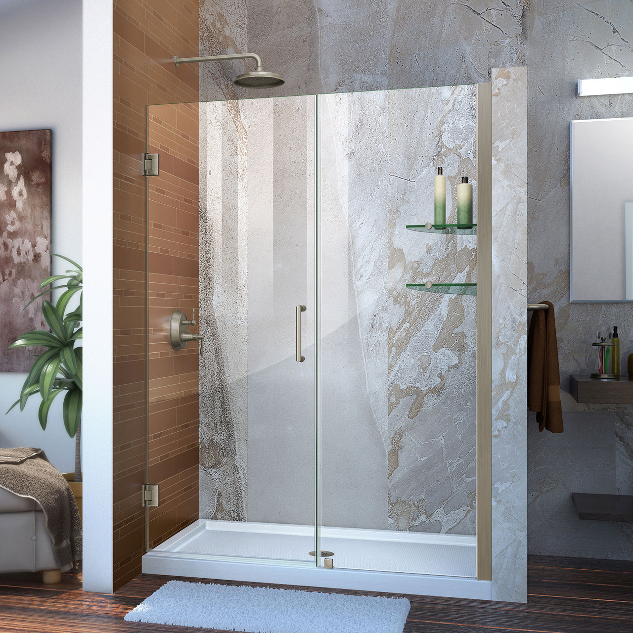 DreamLine Unidoor 53-54 in. W x 72 in. H Frameless Hinged Shower Door with Shelves, Clear Glass - BNGBath