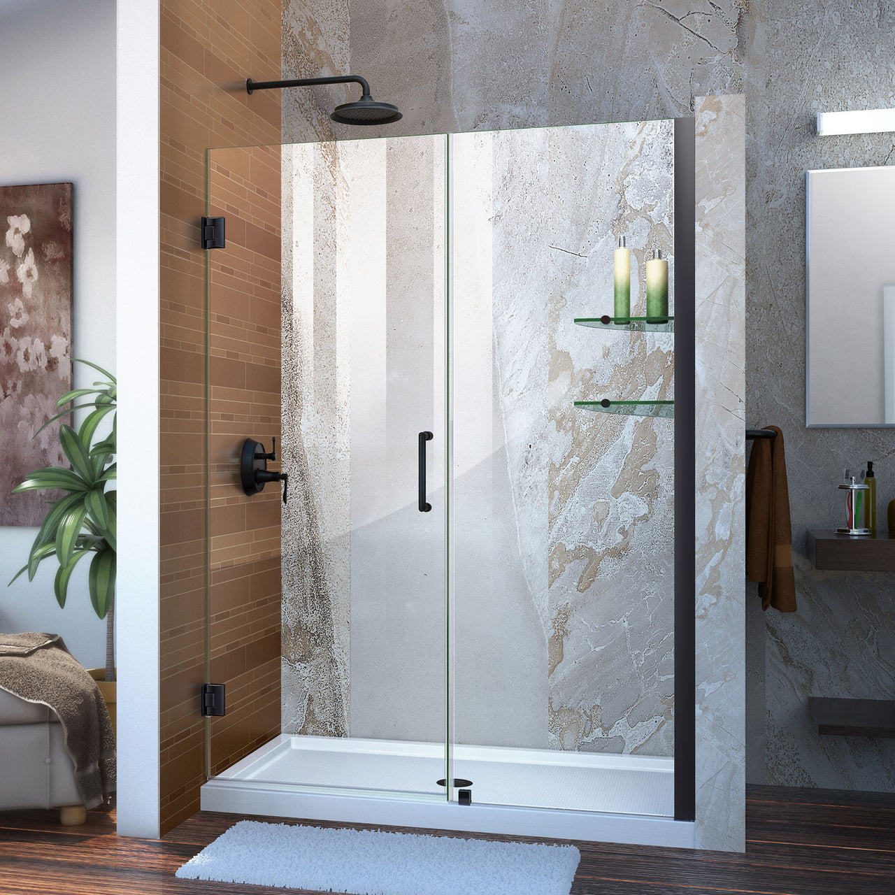 DreamLine Unidoor 53-54 in. W x 72 in. H Frameless Hinged Shower Door with Shelves, Clear Glass - BNGBath