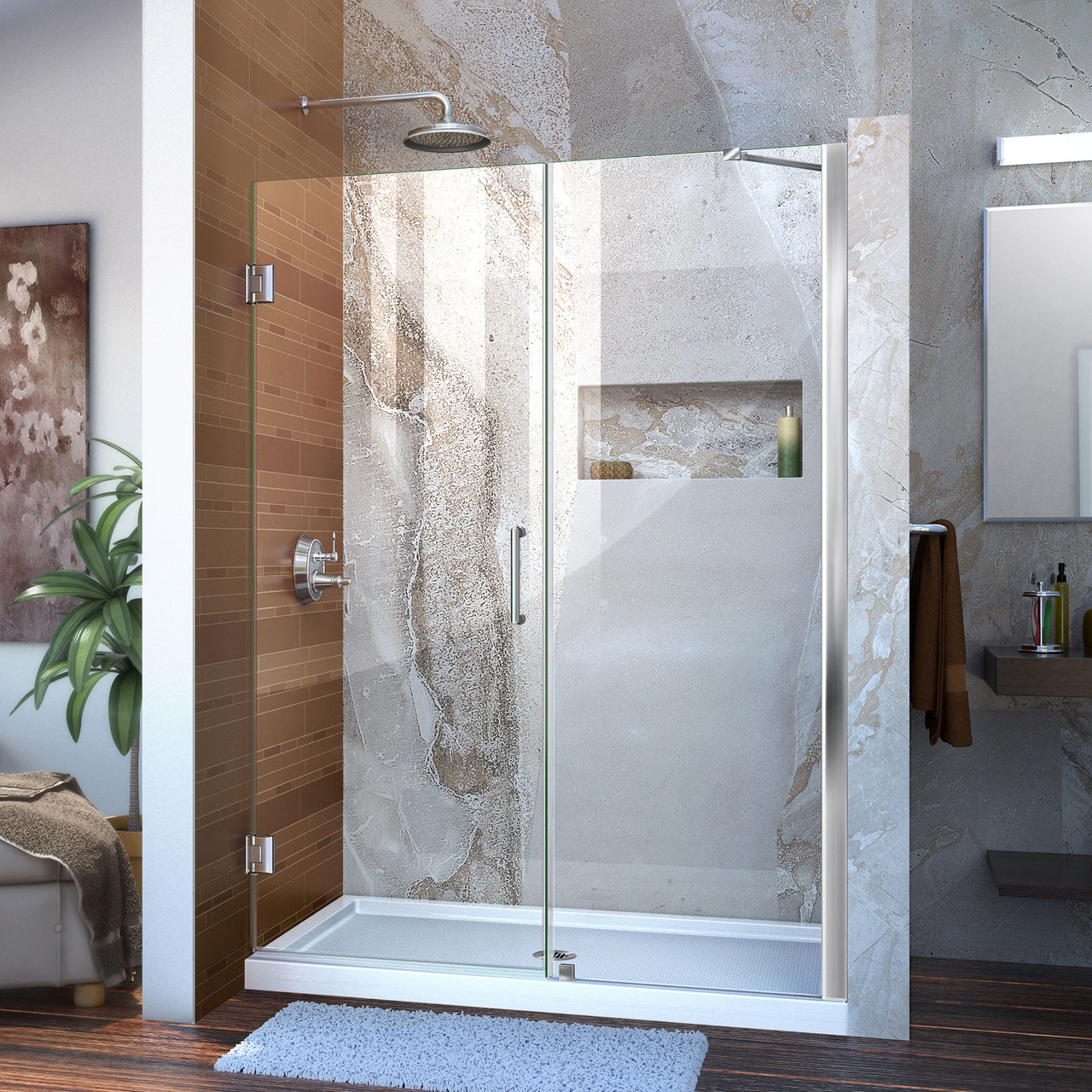 DreamLine Unidoor 49-50 in. W x 72 in. H Frameless Hinged Shower Door with Support Arm, Clear Glass - BNGBath