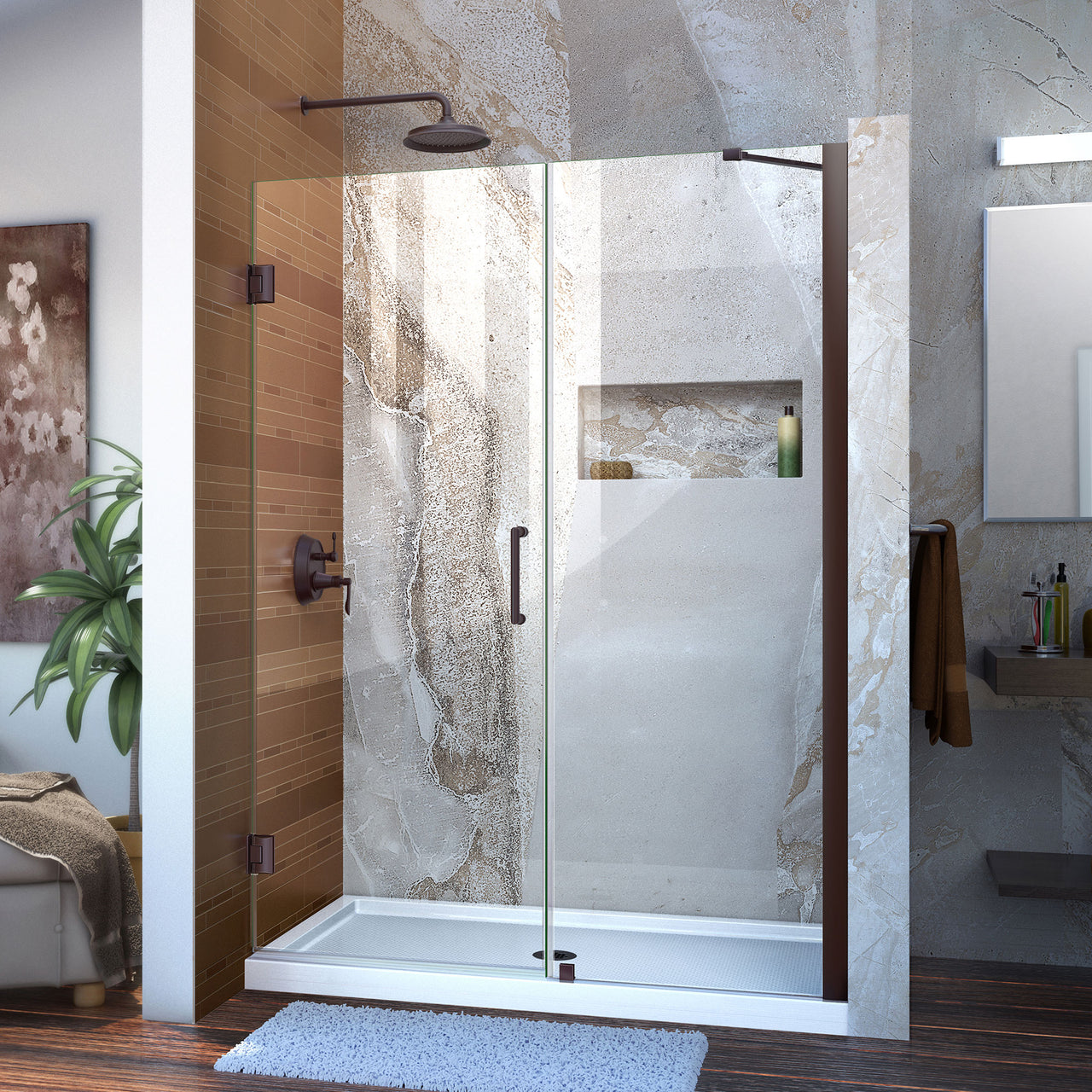 DreamLine Unidoor 54-55 in. W x 72 in. H Frameless Hinged Shower Door with Support Arm, Clear Glass - BNGBath
