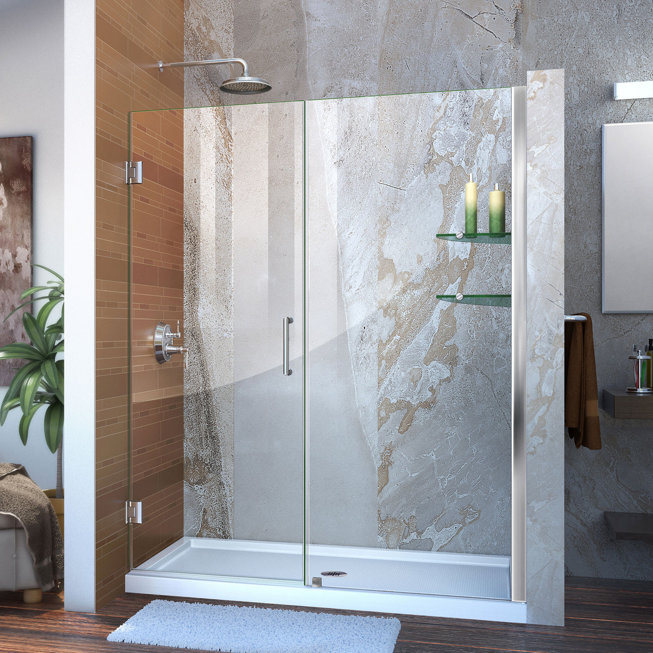DreamLine Unidoor 57-58 in. W x 72 in. H Frameless Hinged Shower Door with Shelves, Clear Glass - BNGBath