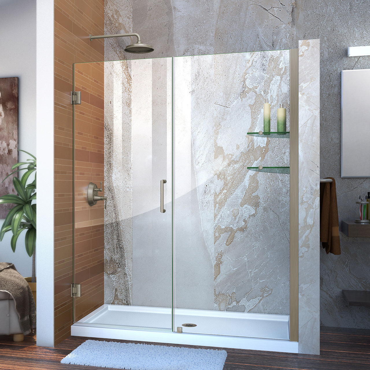DreamLine Unidoor 54-55 in. W x 72 in. H Frameless Hinged Shower Door with Shelves, Clear Glass - BNGBath