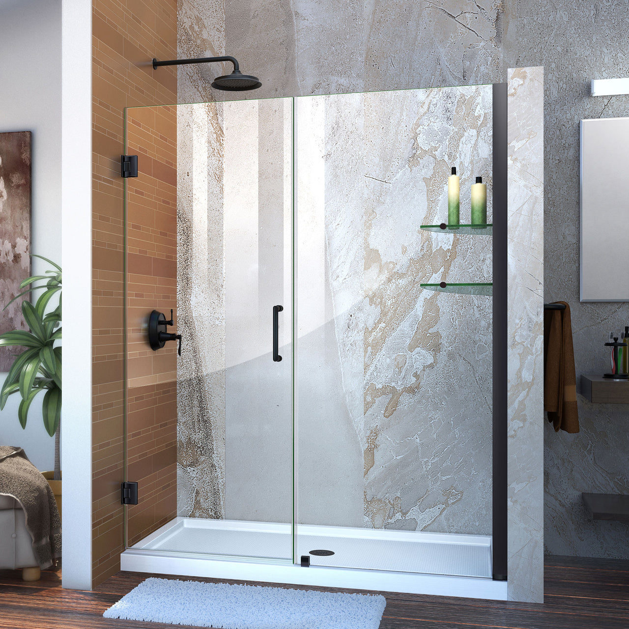 DreamLine Unidoor 57-58 in. W x 72 in. H Frameless Hinged Shower Door with Shelves, Clear Glass - BNGBath
