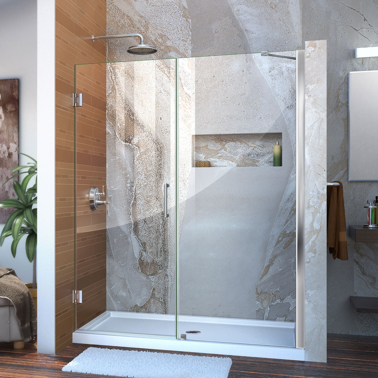 DreamLine Unidoor 60-61 in. W x 72 in. H Frameless Hinged Shower Door with Support Arm, Clear Glass - BNGBath