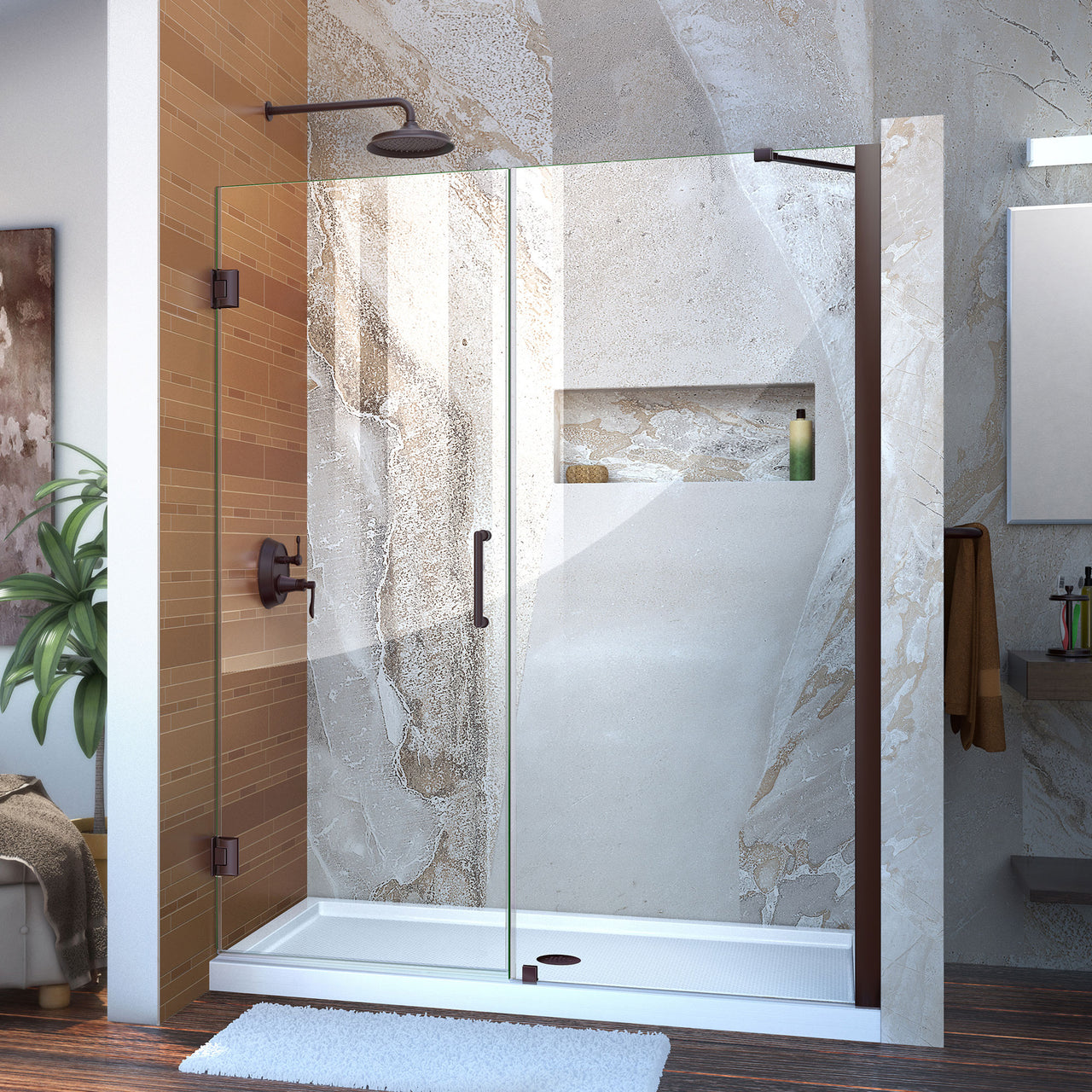 DreamLine Unidoor 60-61 in. W x 72 in. H Frameless Hinged Shower Door with Support Arm, Clear Glass - BNGBath