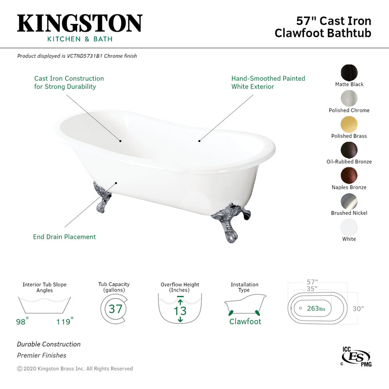 57-Inch Cast Iron Single Slipper Clawfoot Tub (No Faucet Drillings) - BNGBath