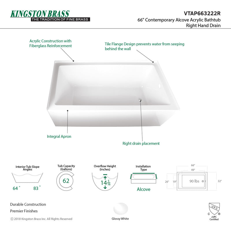 Aqua Eden VTAP663222L Alcove Bathtub (L)66"x (W)32" x (H)20-1/2" - BNGBath