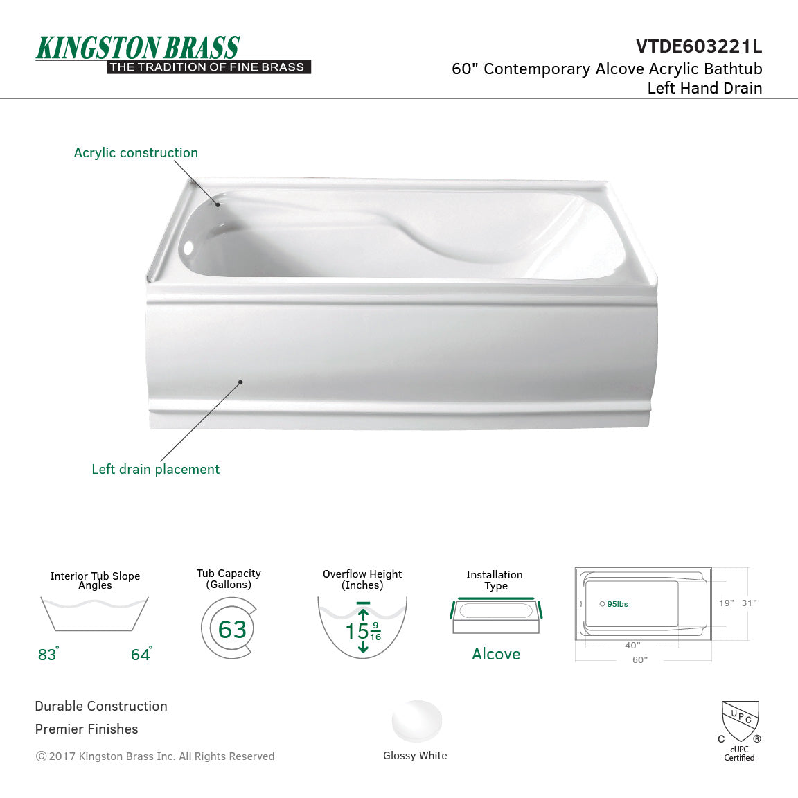 Aqua Eden  VTDE603221X-P 60x32x21 Acrylic Alcove Bathtub - BNGBath
