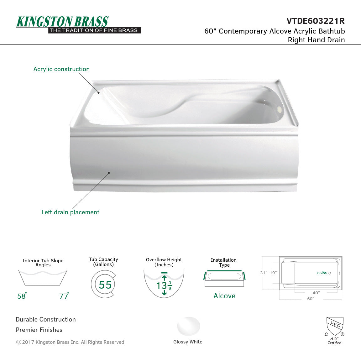 Aqua Eden  VTDE603221X-P 60x32x21 Acrylic Alcove Bathtub - BNGBath