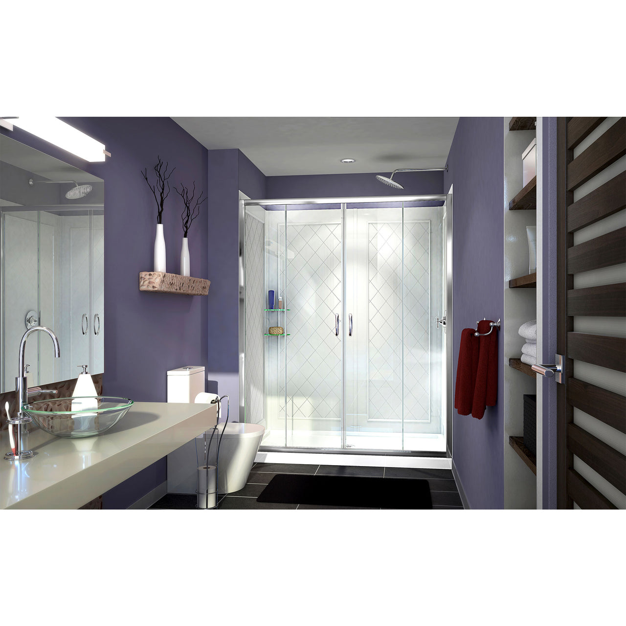 DreamLine Visions 30 in. D x 60 in. W x 76 3/4 in. H Semi-Frameless Sliding Shower Door, Shower Base and QWALL-5 Backwall Kit - BNGBath