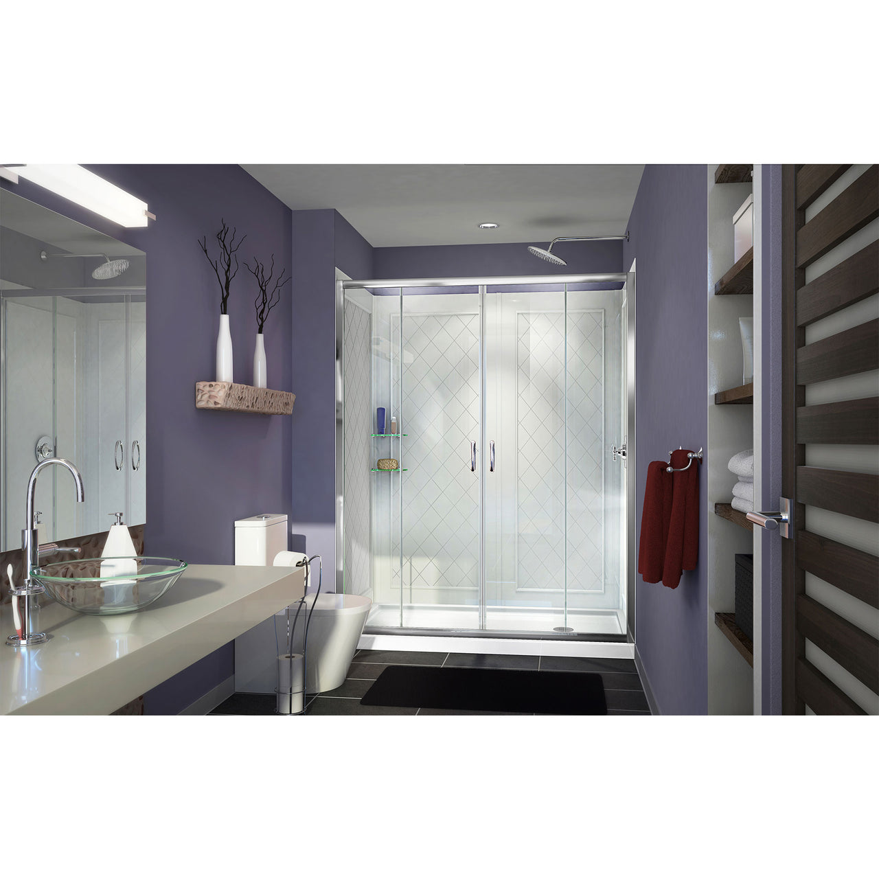 DreamLine Visions 34 in. D x 60 in. W x 76 3/4 in. H Semi-Frameless Sliding Shower Door, Shower Base and QWALL-5 Backwall Kit - BNGBath
