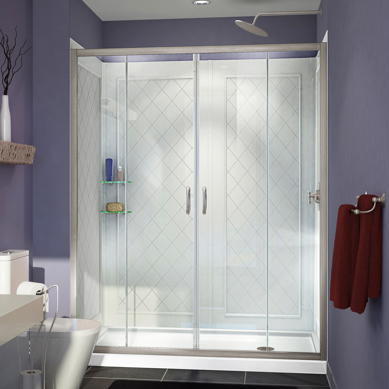 DreamLine Visions 30 in. D x 60 in. W x 76 3/4 in. H Semi-Frameless Sliding Shower Door, Left Hand Shower Base and QWALL-5 Backwall Kit - BNGBath