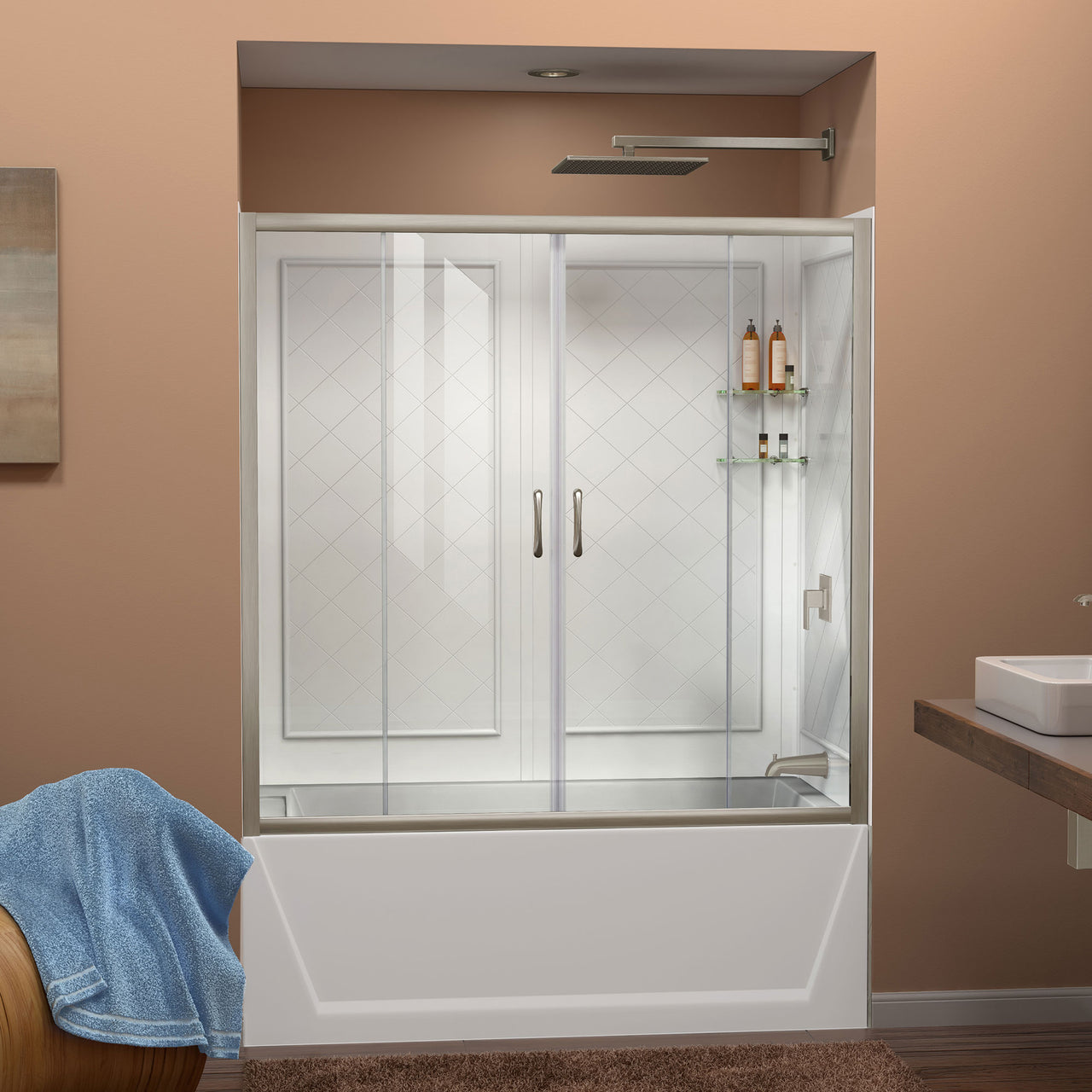 DreamLine Visions 56-60 in. W x 60 in. H Semi-Frameless Sliding Tub Door and QWALL-Tub Acrylic Backwall Kit - BNGBath