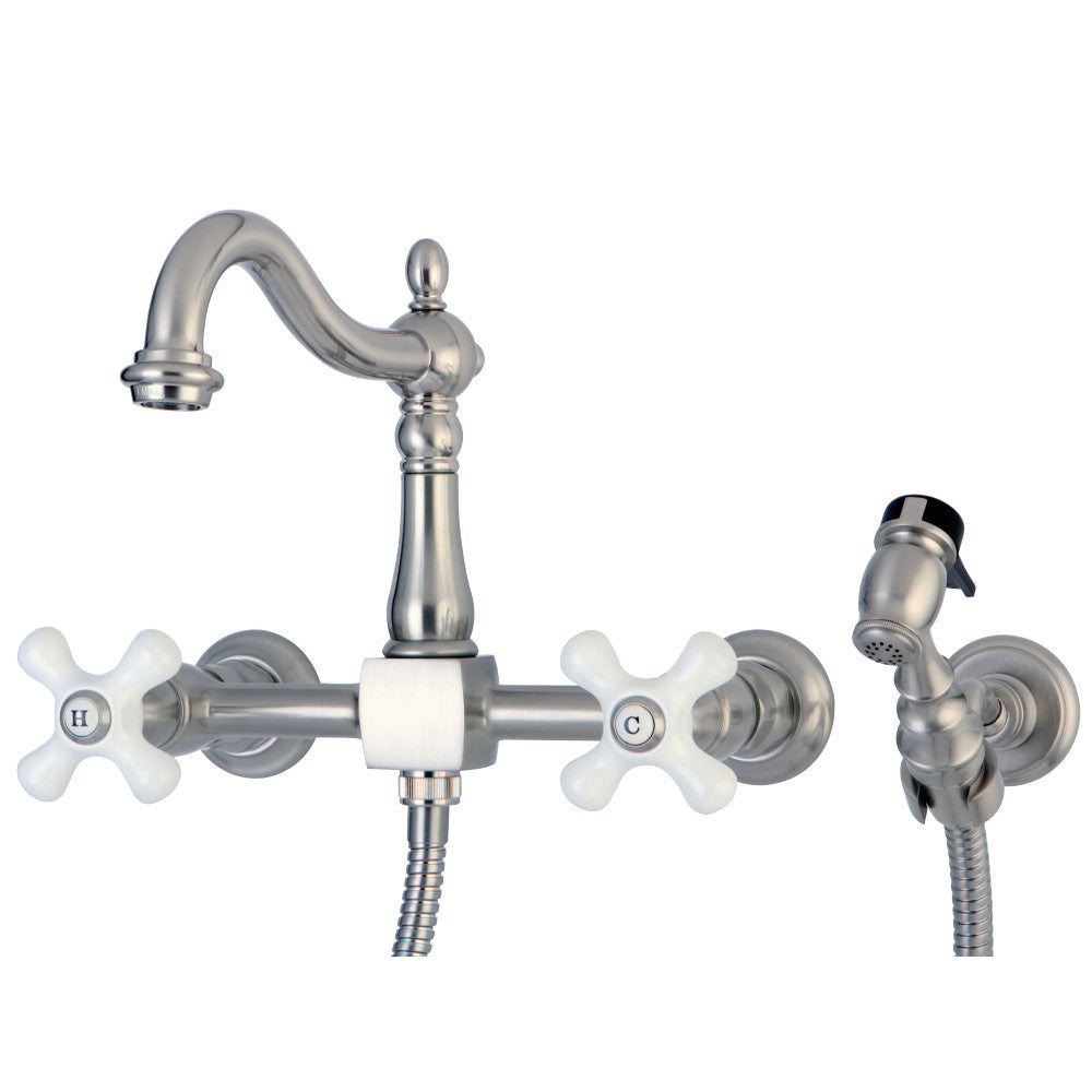 Kingston Brass KS1268PXBS Heritage Wall Mount Bridge Kitchen Faucet with Brass Sprayer, Brushed Nickel - BNGBath