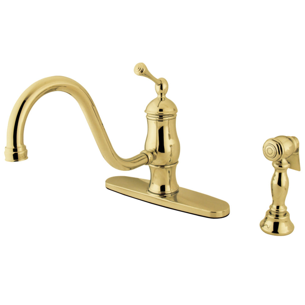 Kingston Brass KS1572BLBS Heritage Single-Handle 8" Centerset Kitchen Faucet with Brass Sprayer, Polished Brass - BNGBath