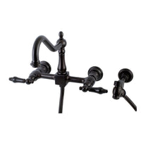 Thumbnail for Kingston Brass KS1245PKLBS Duchess Two-Handle Wall Mount Bridge Kitchen Faucet with Brass Sprayer, Oil Rubbed Bronze - BNGBath