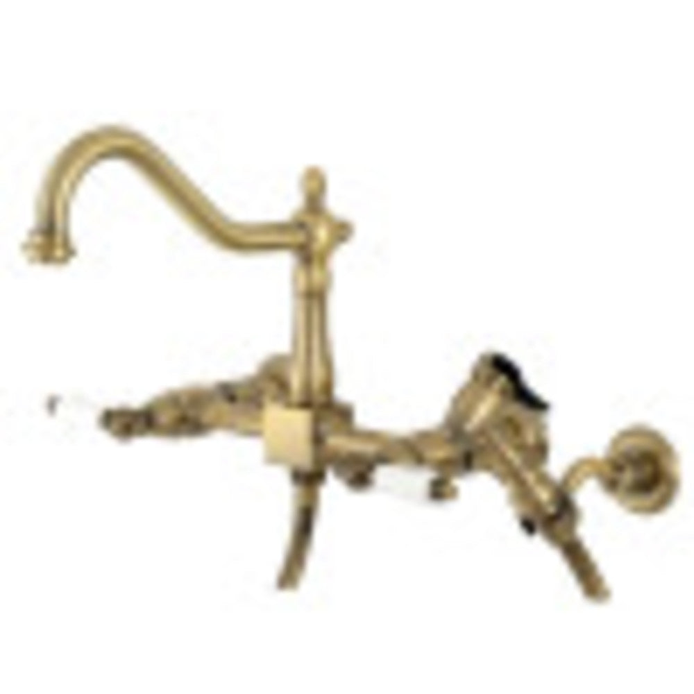 Kingston Brass KS1243PLBS Heritage Two-Handle Wall Mount Bridge Kitchen Faucet with Brass Sprayer, Antique Brass - BNGBath