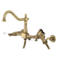 Thumbnail for Kingston Brass KS1243PLBS Heritage Two-Handle Wall Mount Bridge Kitchen Faucet with Brass Sprayer, Antique Brass - BNGBath