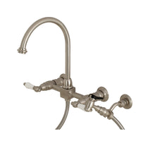 Thumbnail for Kingston Brass KS1298PLBS Restoration Wall Mount Bridge Kitchen Faucet with Brass Sprayer, Brushed Nickel - BNGBath