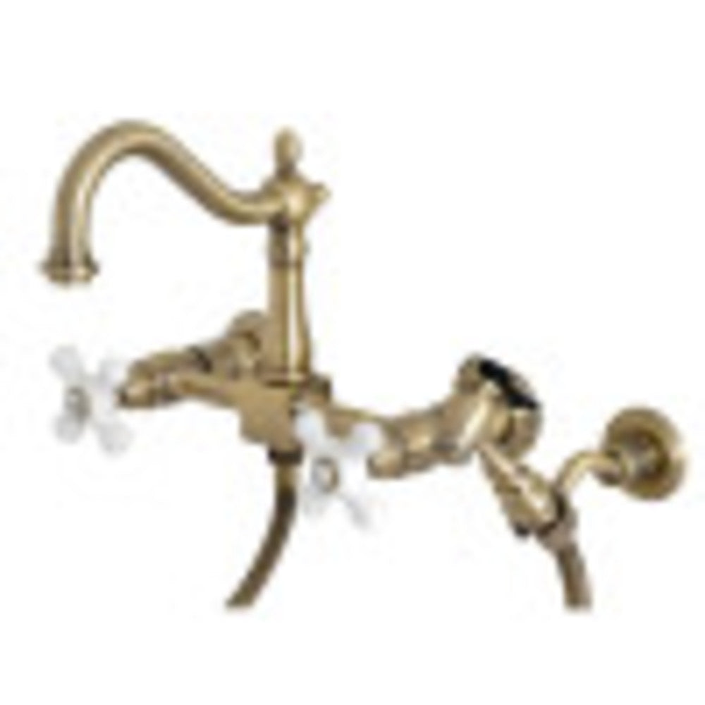 Kingston Brass KS1263PXBS Heritage Wall Mount Bridge Kitchen Faucet with Brass Sprayer, Antique Brass - BNGBath